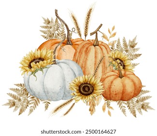 Watercolor illustration with Pumpkins and Sunflowers for harvest festival greeting cards or wedding invitations. Drawing of autumn leaves and fall plants and branches on isolated background. - Powered by Shutterstock