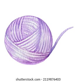 Watercolor Illustration Of A Purple Ball Of Yarn For Knitting. Suitable For Creating Needlework Logos, Stickers, Handmade Packaging Paper, Knitted Hat Labels, Socks
