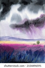 Watercolor Illustration Of Purple Lavender Field With Distant Misty Mountains And Dark Stormy Sky