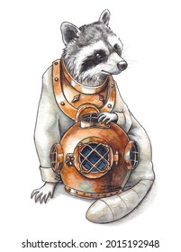Watercolor illustration Raccoon in diving suit  Diver drawing in watercolor  Steampunk diving suit 