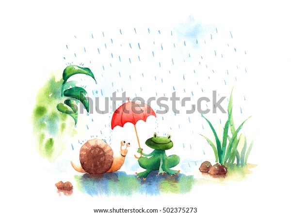 Watercolor illustration of Rainy season frog and\
snail under red\
umbrella