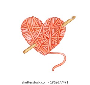 Watercolor illustration of a red ball of wool in the shape of a heart with a crochet in it. Love for knitting, creativity, handicraft, logo, banner, design. Isolated on white background. Drawn by hand