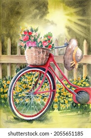 Watercolor illustration of a red bicycle with a basket of flowers and a straw hat standing by a fence with blooming yellow wildflowers