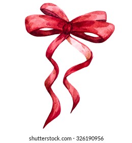 Watercolor Illustration Red Bow, Ribbon, Christmas Bow