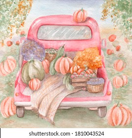 Watercolor Illustration With Red Car, Autumn Harvest, Flowers And Pumpkins. 