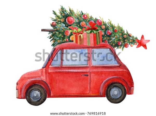 Watercolor Illustration Red Car Tree Christmas Stock Illustration