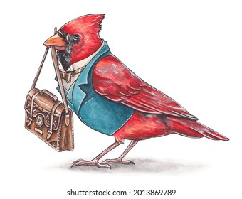 Watercolor illustration of a red cardinal. Bird in clothes. Drawing of steampunk clothing. Steampunk bird