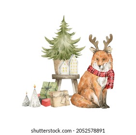 Watercolor illustration with a red fox with antler and Christmas tree. Winter aesthetic, wild animal in costume, scarf, present boxes. Holiday decoration and cute forest animal.