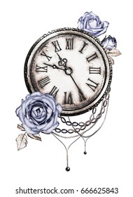 watercolor illustration and red roses  chain  clock  Gothic background and flowers  Cool print T  shirt  Tattoo  Vintage