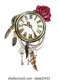 watercolor illustration and red roses  clock  keys   feathers  Gothic background and flowers  Cool print T  shirt  Tattoo  Vintage