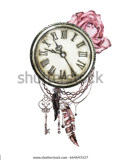 赤いバラ 時計 鍵 羽の付いた水彩イラスト ゴシックの背景に花 Tシャツ タトゥーの格好いい印刷 ビンテージ のイラスト素材