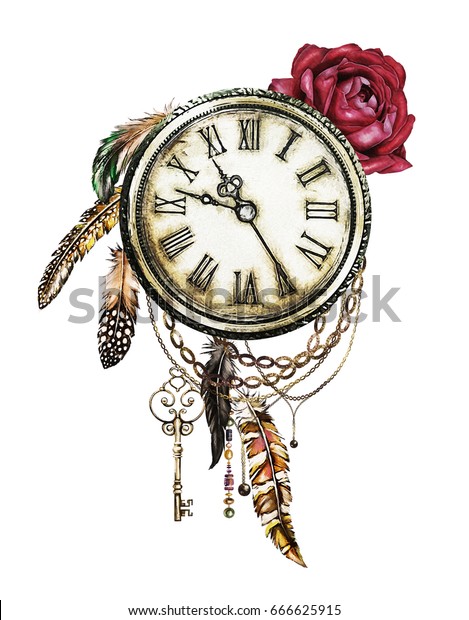 赤いバラ 時計 鍵 羽の付いた水彩イラスト ゴシックの背景に花 Tシャツ タトゥーの格好いい印刷 ビンテージ のイラスト素材 666625915