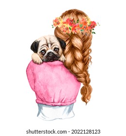 Watercolor illustration of red-haired girl with wreath and pug dog, dog friend, owner and puppy, watercolor print with dog 