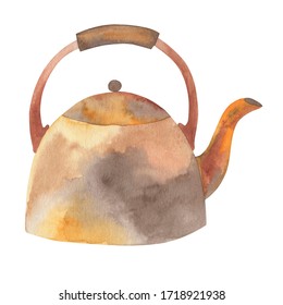 Watercolor Illustration, Retro Drawing Of Teapot, Kitchenware, Isolate On A White Background