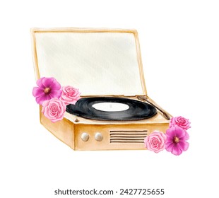 Watercolor illustration of retro gramophone with vinyl disk and decorated with flowers. Hand drawn vintage illustration.  - Powered by Shutterstock