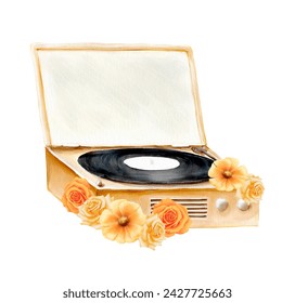 Watercolor illustration of retro gramophone with vinyl disk and decorated with flowers. Hand drawn vintage illustration.  - Powered by Shutterstock