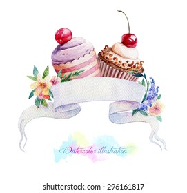 Watercolor illustration with ribbon for text and muffins. Cupcakes with cherries. Art banner for your design.