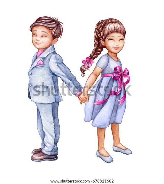 Watercolor Illustration Romantic Couple Cute Kids Stock Illustration