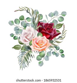 Watercolor illustration with rose flowers and eucalyptus branches. Wedding bouquet. Invitation, greeting card.