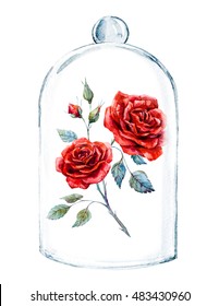 Watercolor Illustration Of A Rose In A Glass Case, Wedding Invitation, Red  Rose, Dome Cover