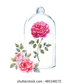Watercolor Illustration Of A Rose In A Glass Case, Wedding Invitation, Pink Rose, Dome Cover