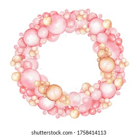 Watercolor illustration. Round garland frame of pink balloons for the holiday, children, print cards, invitations