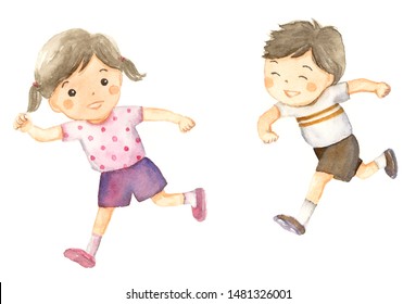 Watercolor Illustration Of Running Kids