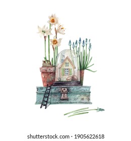 Watercolor Illustration Of A Rural House With Daffodil Flowers In Pots, A Vintage Suitcase And A Ladder. Cute House With Hand-drawn Flowers. Watercolor Illustration For Postcards, Souvenirs.