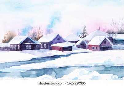 Watercolor illustration of a Russian village in a snow-covered forest 