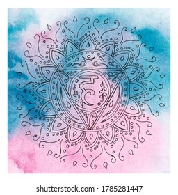 Watercolor Illustration Sacral Throat Chakra Vishuddha. Sign From Yoga. Icon Meditation Art. Fifth Human Chakra. Hinduism, Buddhism, Buddhism, Ayurveda, Poster, Banner, Meditation. Mandala Pattern.