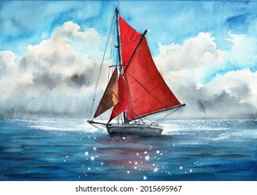 Watercolor illustration of a sailing ship with red sails in the blue sea, on the surface of which sun glare is reflected 