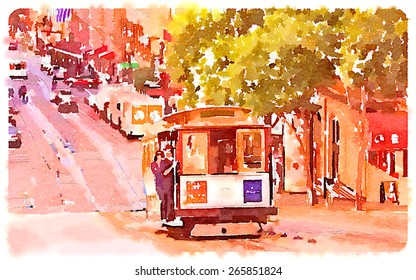 Watercolor Illustration San Francisco Street Post Card Design