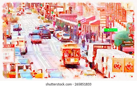 Watercolor Illustration San Francisco Street Post Card Design