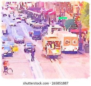 Watercolor Illustration San Francisco Street Post Card Design