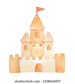 Watercolor illustration of Sand Castle decorated with little red flag. Sign of fun, joy, childhood, relaxation. Hand painted water color sketchy drawing, cut out clipart element for design decoration.
