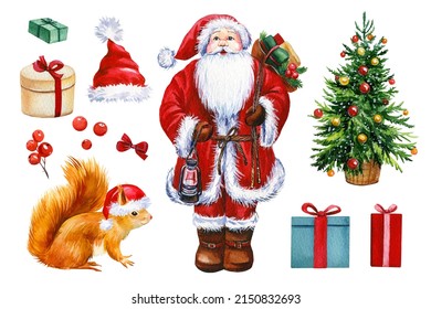 watercolor illustration, santa claus, christmas tree, gifts isolated on white background - Powered by Shutterstock