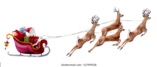 Watercolor illustration and Santa Claus   deers  Hand painted Santa and gift bags   boxes rides in sleigh pulled by reindeer  Christmas print isolated white background 