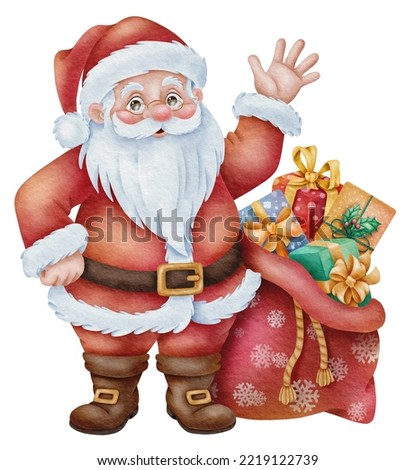Watercolor illustration of Santa Claus in a red fur coat and cap with a bag of gifts. Illustration isolated on white background. Perfect for the design of children posters, textiles, greeting cards