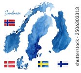 Watercolor illustration of a Scandinavian countres Norway, Sweden, Finland and Denmark symbols. Set of Nordic flags and country maps in blue color shapes isolated.