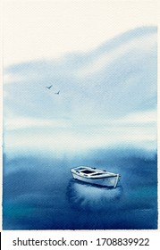 Watercolor illustration with sea, boat. Hand drawn picture about fishing, foggy morning, calmness, peaceful, seaside landscape. Blue painted background. Postcard in watercolor style. Wet technique