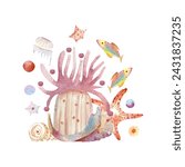 Watercolor illustration sea life  with colourful fishes, seashell, sea anemone, starfish and jellyfishes. Multi colored fairy tale background. Suitable for decor, cards,  posters, print.