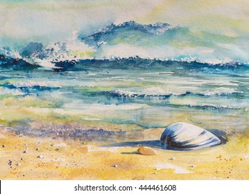 海と海の背景に海殻の水彩イラスト のイラスト素材 Shutterstock