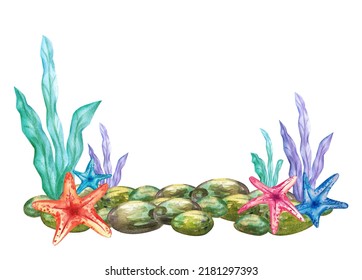 Watercolor Illustration, Seabed, Algae, Starfish, Fauna, Flora. Drawing, Composition For Packaging, Boxes, Postcard, Protection Of The Oceans Pebbles And Cobblestones Sketch Banner And Flyer