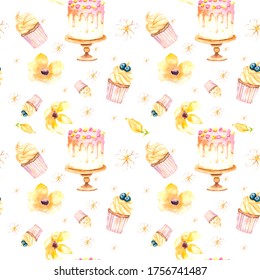 Watercolor illustration. Seamless pattern of cupcakes, cake and yellow flowers with white daisies. Bright, sweet illustration for a pastry chef. Seamless design for background, paper, textile, etc.