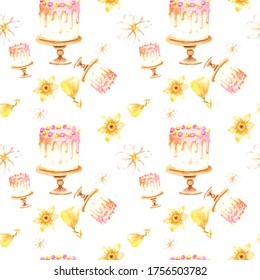 Watercolor illustration. Seamless pattern in yellow and white with flowers and a cake on a cake. Seamless design with floral and pastry elements for printing on paper, fabric, creating a background.