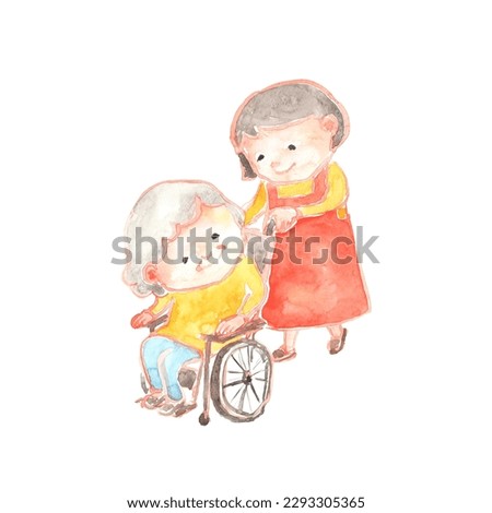 Watercolor illustration of a senior woman sitting in a wheelchair and a caregiver