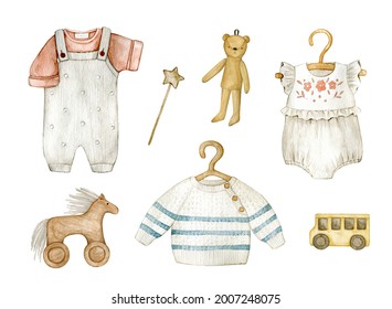 Watercolor illustration set and baby clothes   toys  Isolated white background  Hand drawn clipart  Perfect for card  postcard  tags  invitation  printing  wrapping 