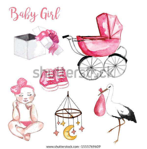 Watercolor Illustration Set Baby Girl Baby Stock Illustration ...