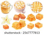 Watercolor illustration set of caramel latte and caramel cubes isolated on white background. Iced and hot coffee. frothy milk and caramel sauce. White coffee cup. Glass mug.