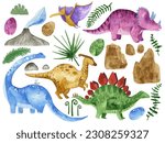 Watercolor illustration set of colorful dinosaurs for kids. Hand painted watercolor cartoon dinosaur silhouettes isolated on white background.